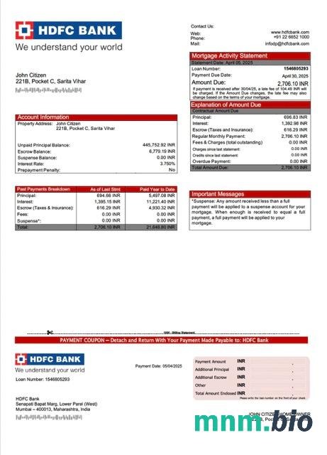 Indie Bank HDFC wyciąg z kredytu hipotecznego szablon Word i PDF